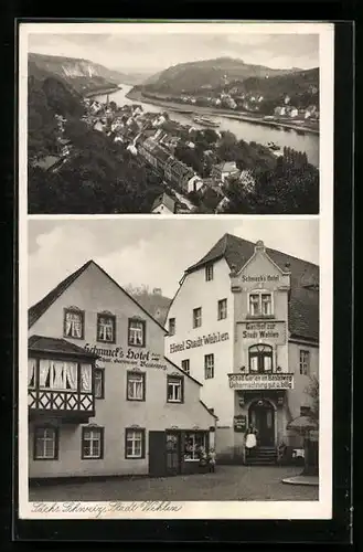 AK Wehlen a. d. Elbe /Sächs. Schweiz, Hotel Stadt Wehlen und Schmuck`s Hotel, Teilansicht