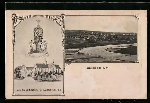 Passepartout-AK Dettelbach a. M., Kloster und Wallfahrtskirche, Ortsansicht mit Main