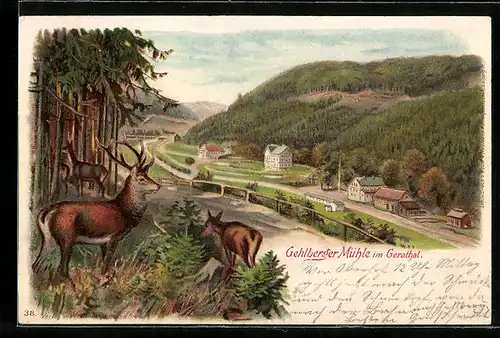 Lithographie Gehlberger Mühle, Ortsansicht mit Hirschen und Strasse aus der Vogelschau