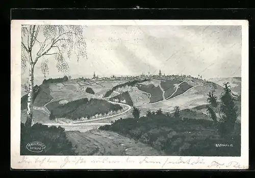 Künstler-AK Rüthen, Ortspanorama mit Umgebung aus der Vogelschau