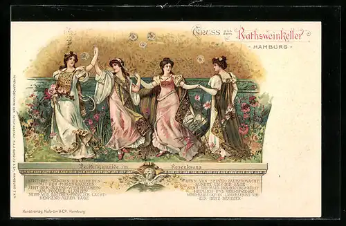 Lithographie Hamburg, Rathsweinkeller, Deckengemälde im Rosenkranz