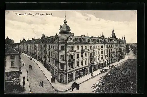 AK Rosenheim, Münchner Strasse Ecke Prinzregentenstrasse mit Gillitzer Block