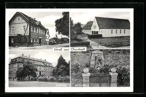 AK Dorstadt, Gasthaus, Ehrenmal, Gutshaus und Kirche