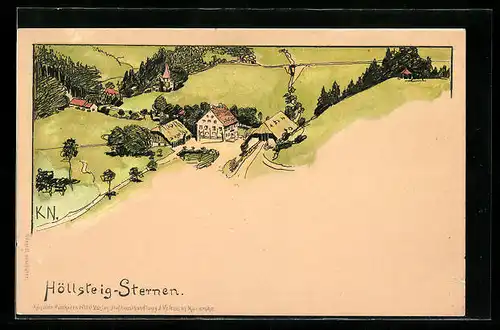Künstler-AK Höllsteig-Sternen, Ortspartie an Wiesenfläche