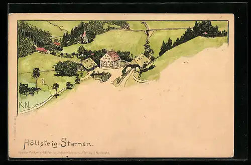 Lithographie Höllsteig, Gasthaus Sternen aus der Vogelschau