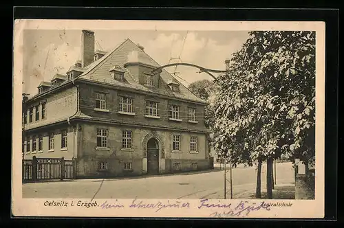 AK Oelsnitz /Erzgeb., Zentralschule mit Strasse