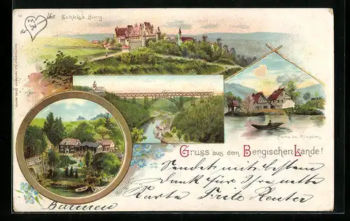 Lithographie Müngsten, Kaiser Wilhelm Brücke, Schloss Burg