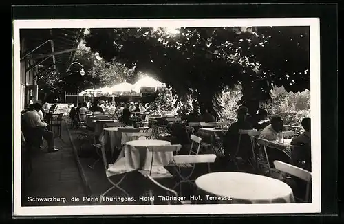 AK Schwarzburg /Th., Hotel Thüringer Hof, Terrasse am Abend