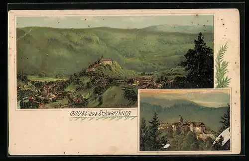 Lithographie Schwarzburg, Teilansicht, Panorama