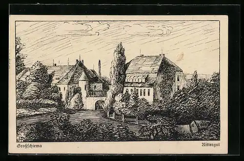 Künstler-AK Grossschirma, Rittergut aus der Vogelschau