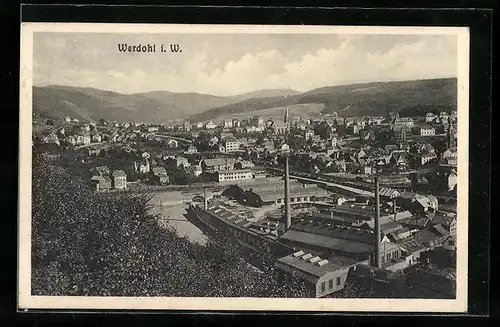 AK Werdohl i. W., Ortsansicht mit Fabrik aus der Vogelschau