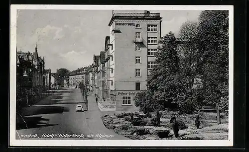 AK Rastatt, Strasse mit Alpinum, Schloss-Hotel