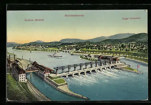 AK Wyhlen / Baden, Rheinkraftwerke aus der Vogelschau, Blick auf Augst, Dampfer auf dem Rhein