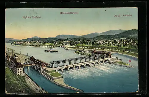 AK Wyhlen / Baden, Rheinkraftwerke aus der Vogelschau, Blick auf Augst, Dampfer auf dem Rhein