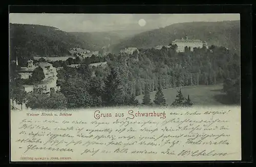 Mondschein-AK Schwarzburg, Weiser Hirsch und Schloss