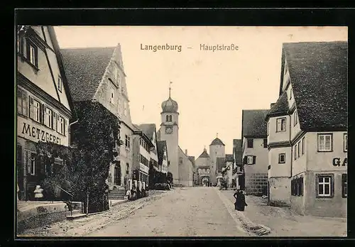 AK Langenburg, Hauptstrasse mit Metzgerei und Kirche