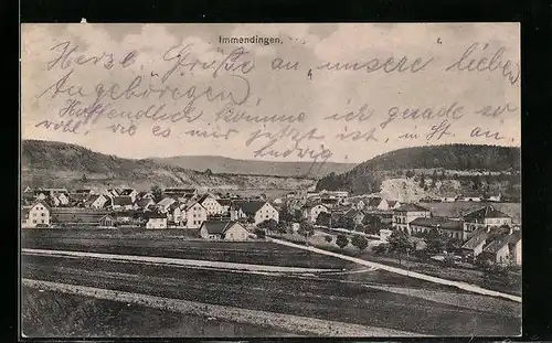 AK Immendingen, Ortsansicht mit Feldern und Strasse aus der Vogelschau