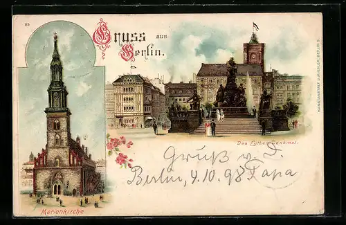 Lithographie Berlin, Marienkirche, Luther-Denkmal mit Turm vom Roten Rathaus, Neuer Markt