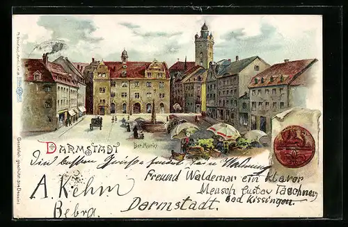 Lithographie Darmstadt, Markt mit Marktständen, Siegel