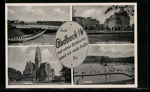 AK Gladbeck i. W., Rathaus, Freibad, Stadion, Haus Wittringen mit Heimatmuseum