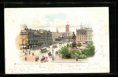 Lithographie Berlin, Alexanderplatz, Berolina aus der Vogelschau