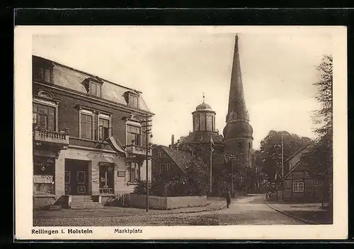 AK Rellingen i. Holstein, Marktplatz mit Kirche und Geschäft Harringa