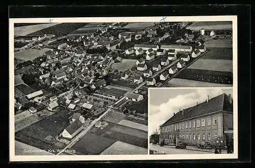 AK Giebelstadt /Kr. Würzburg, Schloss, Ortsansicht aus der Vogelschau