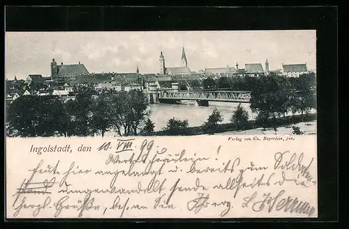 AK Ingolstadt, Panorama, Flusspartie mit Brücke