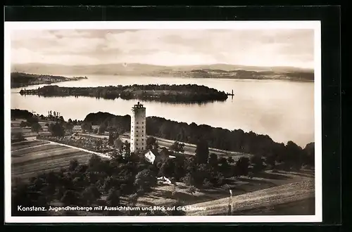 AK Konstanz / Bodensee, Jugendherberge mit Aussichtsturm und Blick auf die Mainau