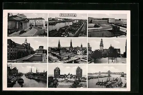 AK Duisburg, Stadttheater, Landgericht, Hafen, Admiral-Scheer-Brücke, Schwanentor und Hauptbahnhof