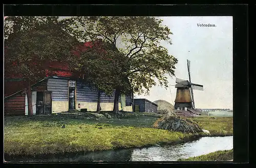 Künstler-AK Photochromie Nr. 2955: Volendam, Dorfpartie mit Windmühle