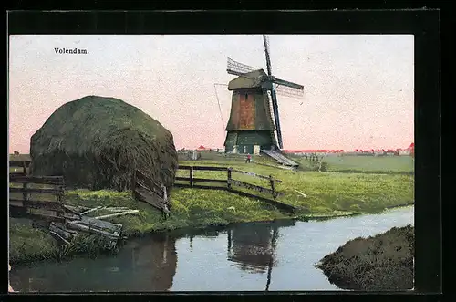 Künstler-AK Photochromie Nr. 2957: Volendam, Dorfpartie mit Windmühle