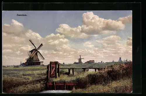 Künstler-AK Photochromie Nr. 2945: Zaandam, Sommerlandschaft mit Windmühle