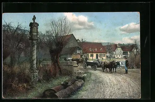 Künstler-AK Photochromie Nr. 1899: Dorfpartie, Bauern mit Fuhrwerk