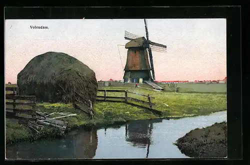 Künstler-AK Photochromie Nr. 2957: Volendam, Dorfpartie mit Windmühle