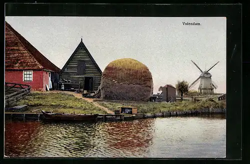 Künstler-AK Photochromie Nr. 2943: Volendam, Dorfpartie mit Windmühle