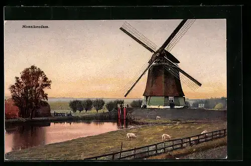 Künstler-AK Photochromie Nr. 2933: Monnikendam, Blick zur Windmühle