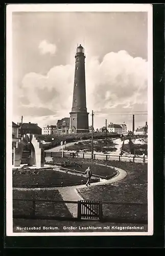 AK Borkum, Grosser Leuchtturm mit Kriegerdenkmal