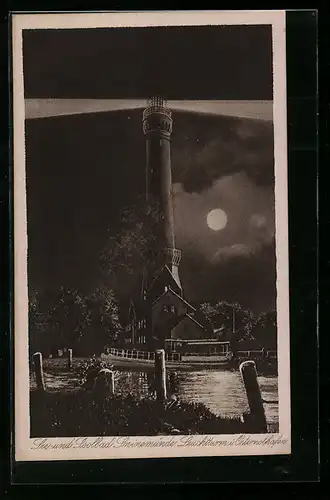 AK Swinemünde, Leuchtturm in Osternothafen im Mondschein