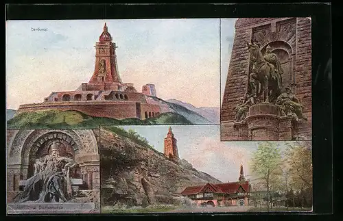 AK Bad Frankenhausen, Kyffhäuser-Denkmal, Reiterstandbild, Barbarossa und Kyffhäuser-Hotel