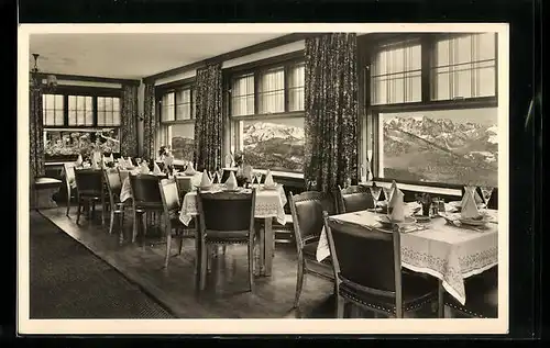 AK Reit im Winkl, Gasthof und Pension Unterwirt, Blick aus dem Speisesaal auf den wilden Kaiser u. Unterberg