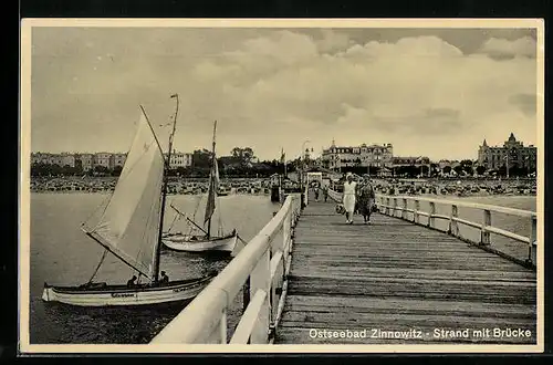 AK Zinnowitz / Usedom, Strand mit Brücke