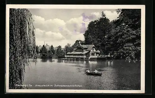 AK Freiberg i. Sa., Kreuzteich mit Schwanenschlösschen