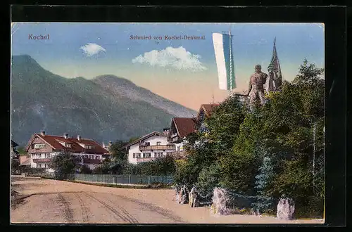 AK Kochel, Schmied von Kochel-Denkmal, Strassenpartie