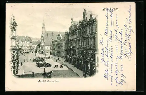 AK Zwickau, Markt (Ostseite) mit Strassenbahn