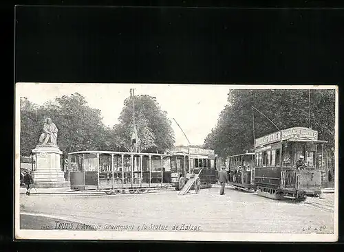 AK Tours, L`Avenue Grammont et la Statue de Balzac, Strassenbahn