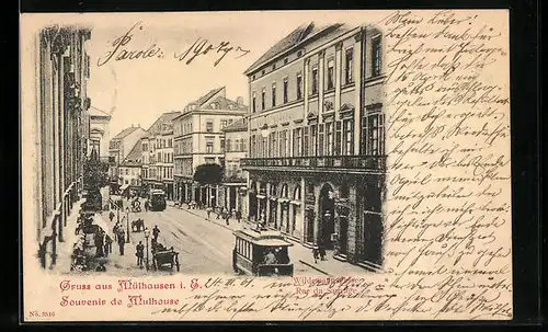 AK Mülhausen i. E., Wildemannsgasse mit Strassenbahn