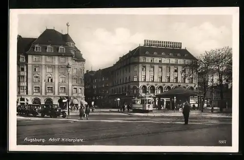 AK Augsburg, platz mit Strassenbahn