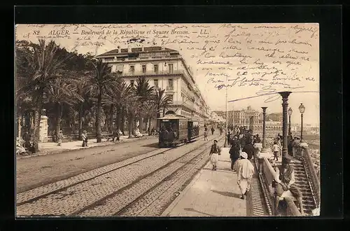 AK Alger, Boulevard de la République et Square Bresson, Strassenbahn