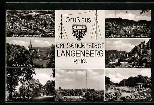 AK Langenberg (Rhld.), Ortsansichten, Blick auf Sender u. Bismarckturm, Blick von der Klippe, Jugendherberge